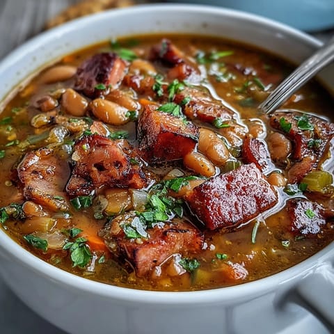 A rustic serving of hearty ham bone bean soup featuring savory ham chunks and a rich, smoky broth.