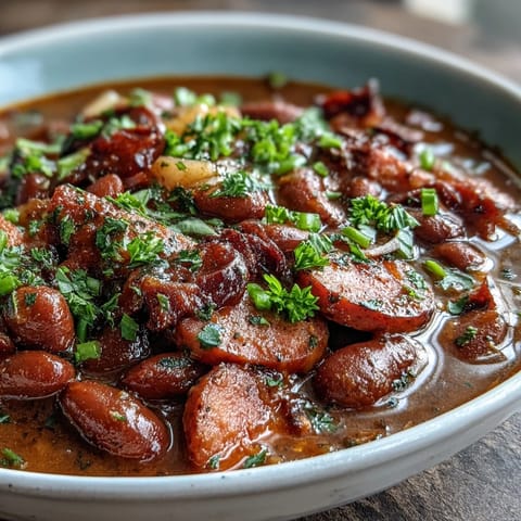 Hearty Ham and Red Bean Soup with smoky ham hock and creamy red beans, simmered in Creole spices.  