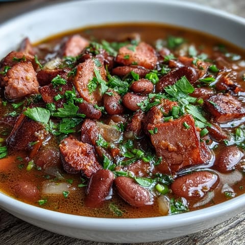 Cajun-style Ham and Red Bean Soup served in a bowl, garnished with fresh parsley and green onions.  