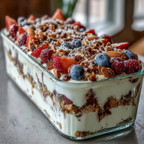 Galentines Brunch Strawberry Yogurt Parfait Bar with fresh strawberries and crunchy granola.