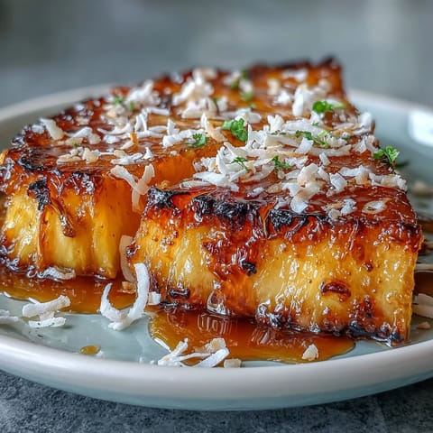 Honey-lime glazed pineapple wedges caramelized to perfection, finished with fragrant toasted coconut for a sweet treat.