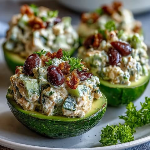 Zesty plant-based chickpea salad with pickles and capers, served in avocado boats for a light, healthy meal.  