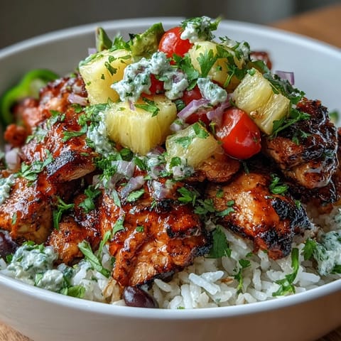 Tropical Chicken Pineapple Taco Bowls with creamy coconut rice, spiced chicken, and zesty pineapple salsa.  