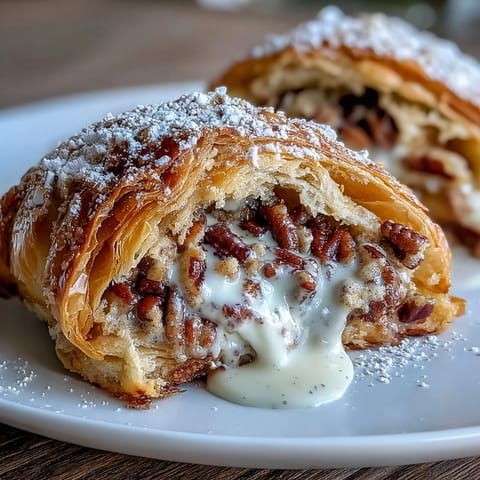 Golden King Cake Stuffed Croissants filled with spiced pecan cream, drizzled with vanilla icing and dusted with Mardi Gras sanding sugars.