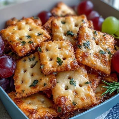 Picnic snack box filled with golden sourdough Cheez-Its and fresh red grapes, perfect for outdoor gatherings.