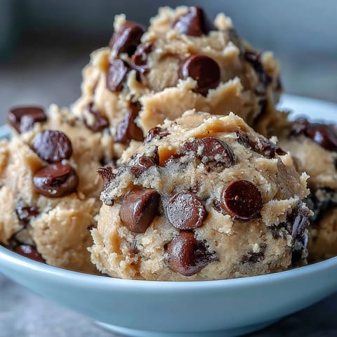 Healthy protein cookie dough with chocolate chips, a creamy and indulgent snack made with wholesome ingredients.
