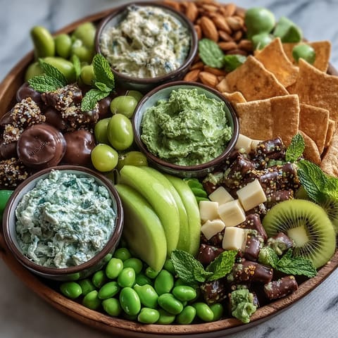 Festive St. Patrick's Day snack board brimming with vibrant green fruits, veggies, and savory treats.  