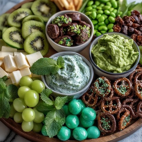 Colorful St. Patrick's Day charcuterie featuring fresh kiwi, cucumber, green grapes, and creamy dips.  