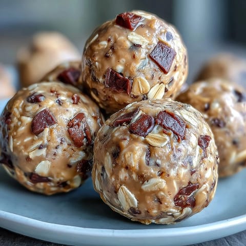 Delicious peanut butter energy balls with dark chocolate chips, rolled oats, and honey for a healthy, no-bake snack.  