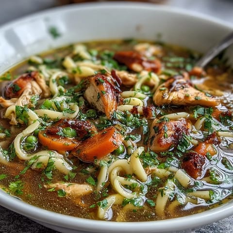 Hearty Chicken Run One-Pot Chicken Noodle Soup brimming with tender chicken, fresh vegetables, and hearty egg noodles in savory broth.