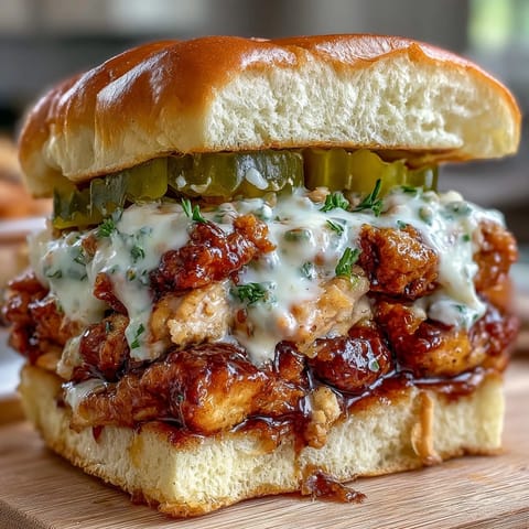 Juicy slow-cooked chicken piled high on a soft bun, topped with crisp dill pickles for a tangy crunch.