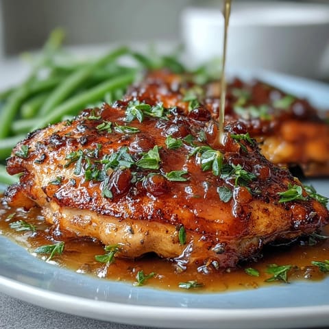 Juicy chicken breasts coated in tangy honey mustard sauce, paired with crisp-tender green beans for a bright, wholesome dinner.