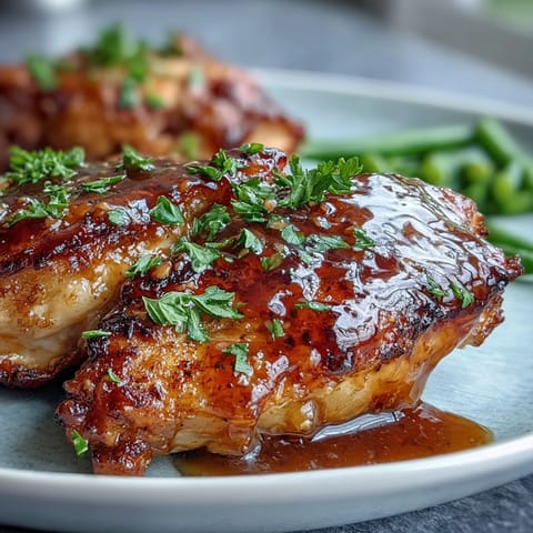 A golden honey mustard glazed chicken with vibrant green beans, served hot from the oven for a quick, satisfying meal.