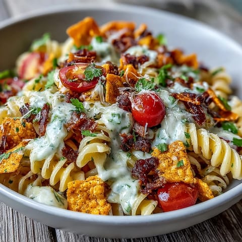 Vibrant taco pasta salad with Doritos and avocado ranch dressing, perfect for a Tex-Mex dinner.  
