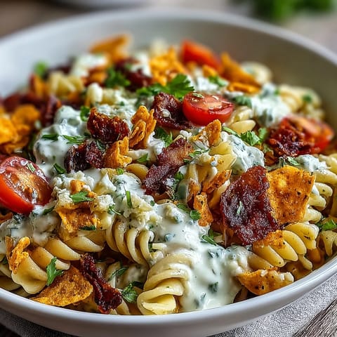 Creamy avocado ranch coats rotini pasta, black beans, and veggies in this colorful taco pasta salad with Doritos.  