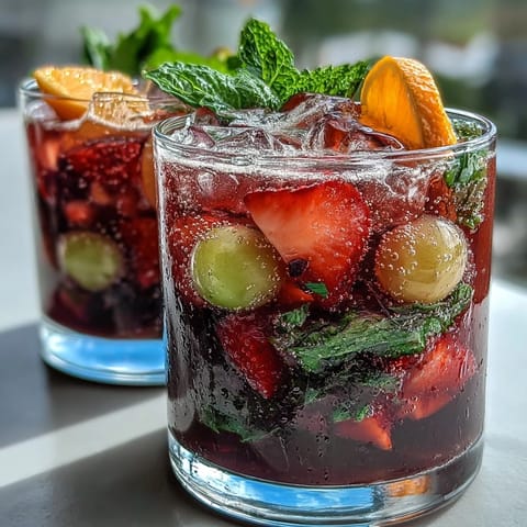 Refreshing Spring Sangria Mocktail with white grape and citrus, garnished with mint and served over ice.  