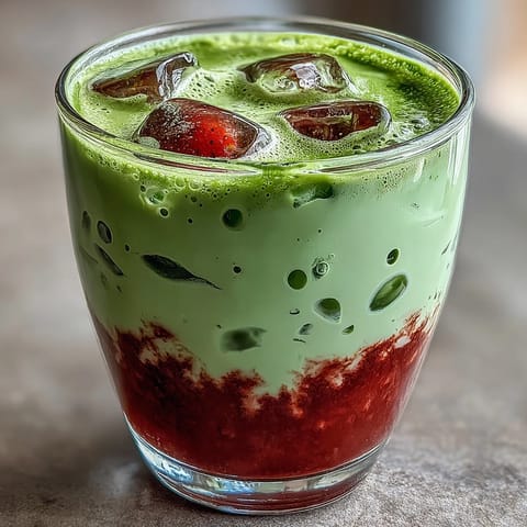 Vibrant strawberry matcha latte with oat milk, layered in a glass with fresh strawberry puree and creamy green tea.