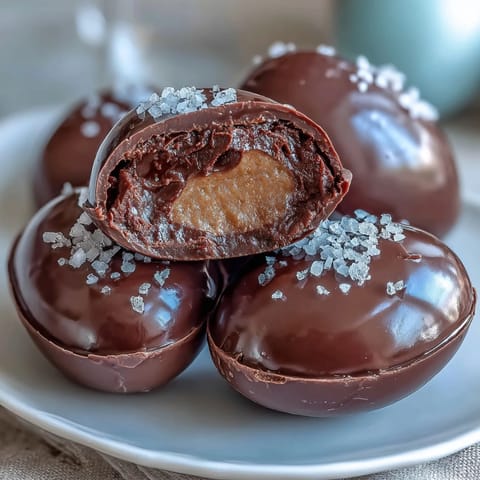 2. Homemade dark chocolate peanut butter eggs, creamy inside and crisp outside, finished with a touch of sea salt for balance.