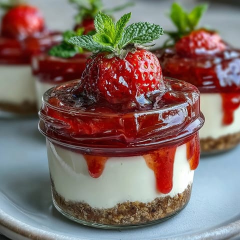 No-Bake Strawberry Cheesecake Jars filled with creamy layers and fresh strawberry compote, perfect for spring gatherings.  