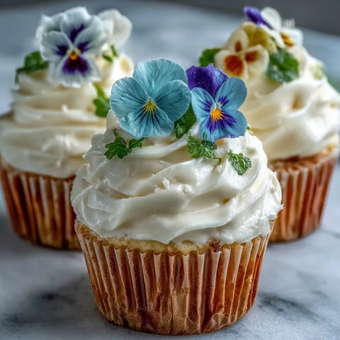 Delicate vanilla cupcakes topped with creamy buttercream and edible spring flowers for a beautiful and tasty dessert.