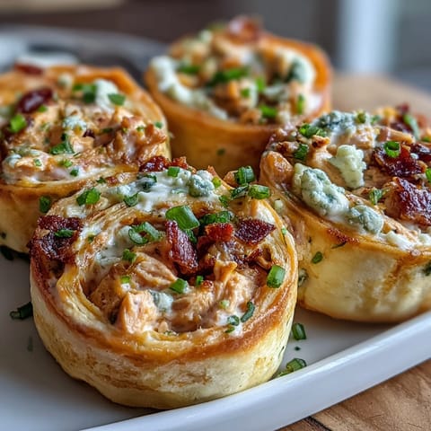 Buffalo Chicken Cream Cheese Pinwheel Wraps with zesty Buffalo sauce and shredded chicken rolled in soft tortillas, garnished with fresh green onions.
