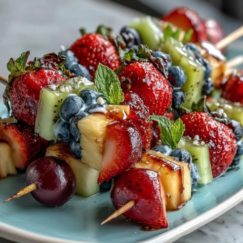 Colorful fruit kabobs arranged in rainbow order, paired with a luscious honey-lemon yogurt dip, perfect for healthy snacking or party platters.