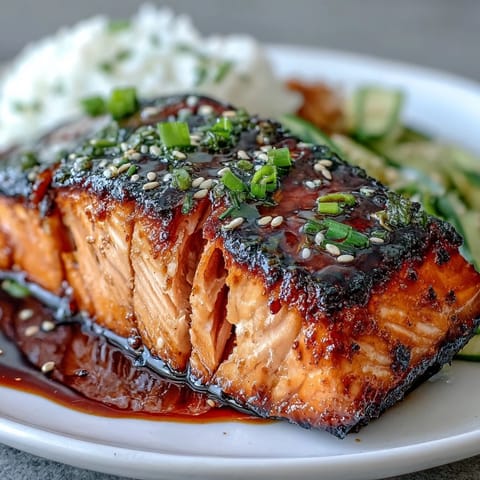 Salmon Teriyaki Bowl with glazed salmon, steamed rice, edamame, and crisp cucumber slices for a fresh Japanese-inspired meal.  