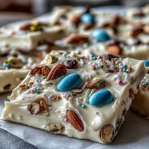 Festive white chocolate Easter bark with pastel candy eggs and crunchy pistachios, perfect for springtime celebrations.