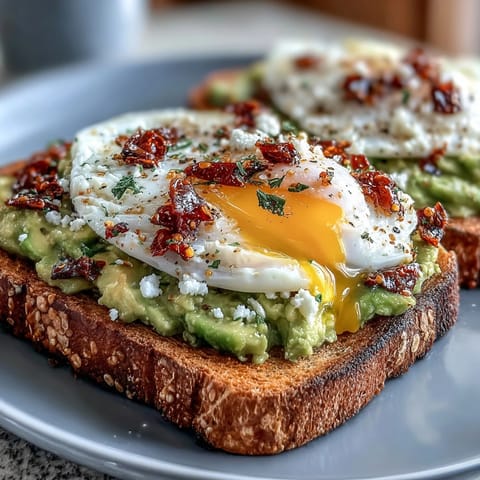Creamy avocado spread topped with a poached egg and crunchy chili crisp on golden sourdough toast for a vibrant breakfast.