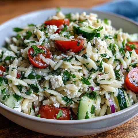 Orzo salad with cucumber and feta, brightened by lemon dressing.