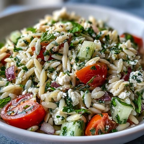 Refreshing orzo salad with crisp cucumber, feta, and zesty lemon dressing.