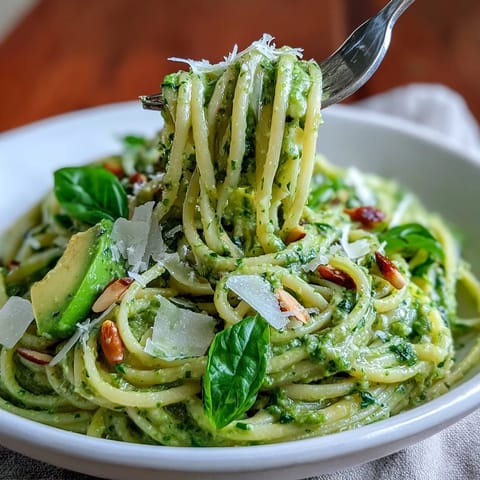 No-cook Creamy Avocado Pesto Pasta, a fresh, quick dinner with basil and Parmesan.