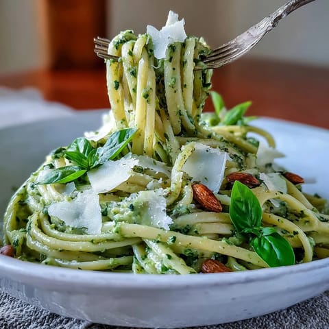 Bright Creamy Avocado Pesto Pasta dish, vibrant green sauce coating tender spaghetti.