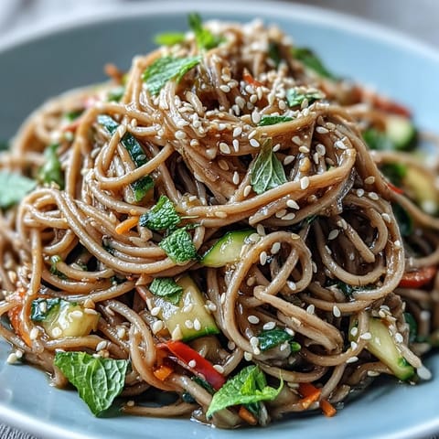 Cold Soba Noodle Salad inviting plate, vibrant vegetables, tangy dressing, light meal.