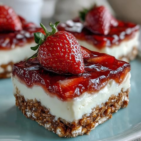 Creamy cheesecake topped with fresh strawberries, a festive Strawberry Pretzel Salad treat.