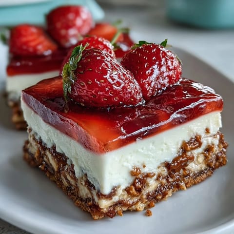 Sweet and salty Strawberry Pretzel Salad bars, a layered summer dessert masterpiece.