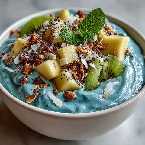 Vibrant blue spirulina smoothie bowl bursting with fresh tropical fruit toppings.