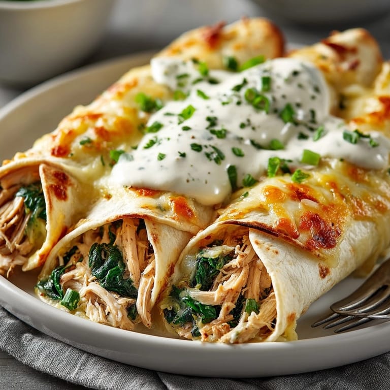 Golden-brown Creamy Chicken &amp; Spinach Skillet Enchiladas, a flavorful, easy weeknight dinner.