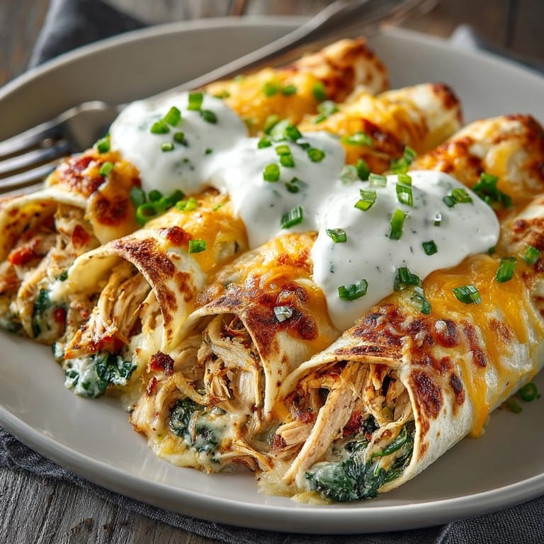 Warm, comforting Creamy Chicken &amp; Spinach Skillet Enchiladas bake, promising a satisfying meal.