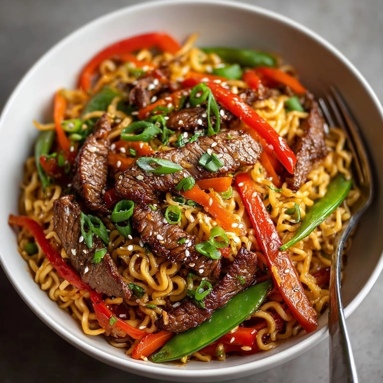 Steaming Spicy Sriracha Beef Ramen Stir-Fry, a crave-worthy, flavorful comfort meal.