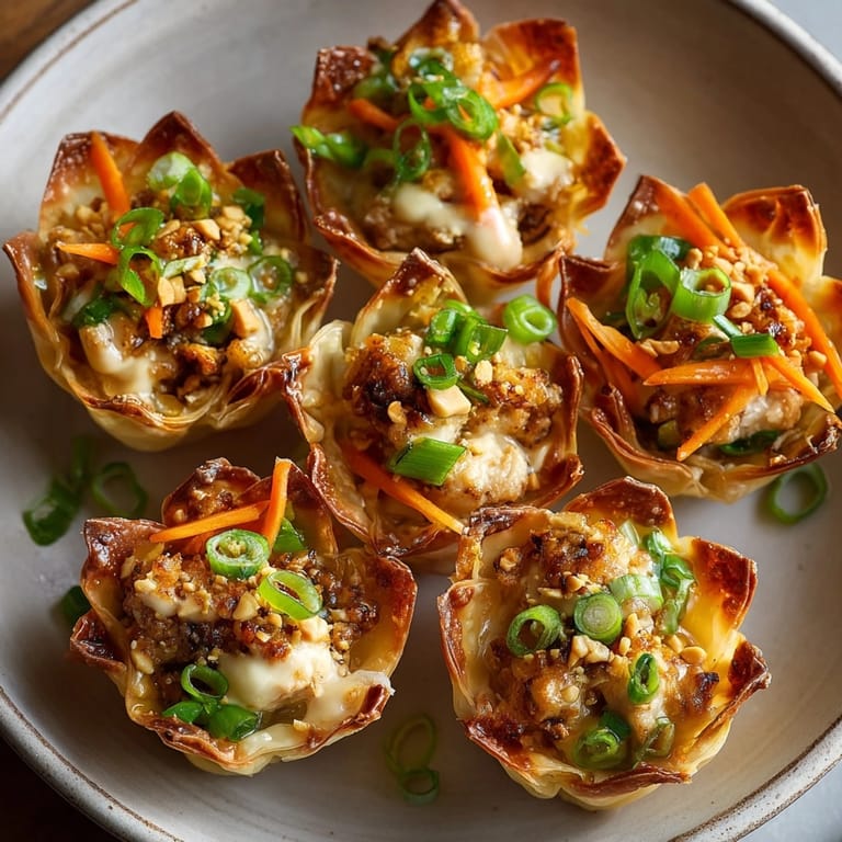 Close-up of colorful Peanut Chicken Wonton Cups; crunchy & flavorful appetizers for parties.