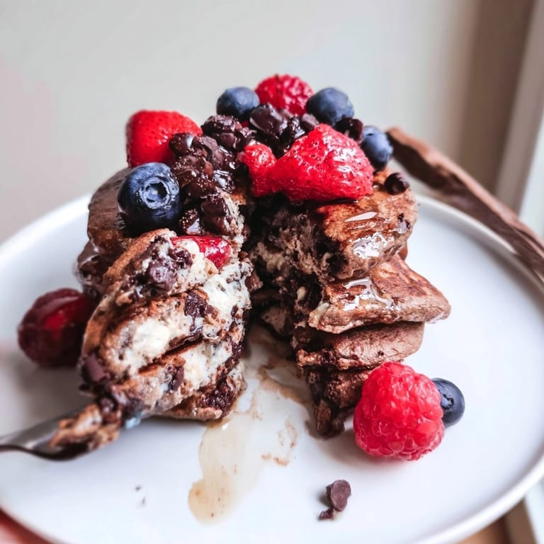 Protein Chocolate Ricotta Pancakes recipe image showing fluffy stacks, ready for a delicious breakfast.