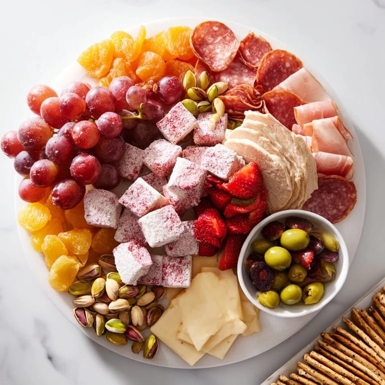 Colorful spread of meats, vibrant fruits, and cranberry marshmallows on a wooden platter.