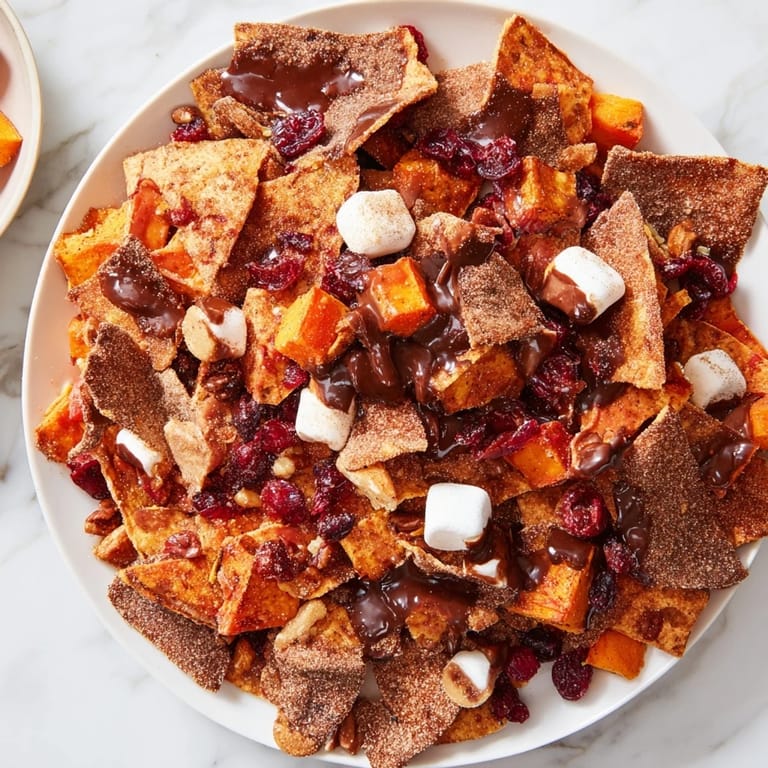 Festive spicy Thanksgiving dessert nachos drizzled with warm maple-chili chocolate sauce.