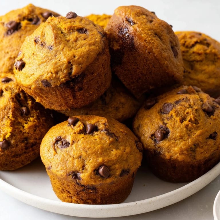 Golden-brown Sweet Potato Pumpkin Chocolate Chip Muffins bursting with warm fall flavors.
