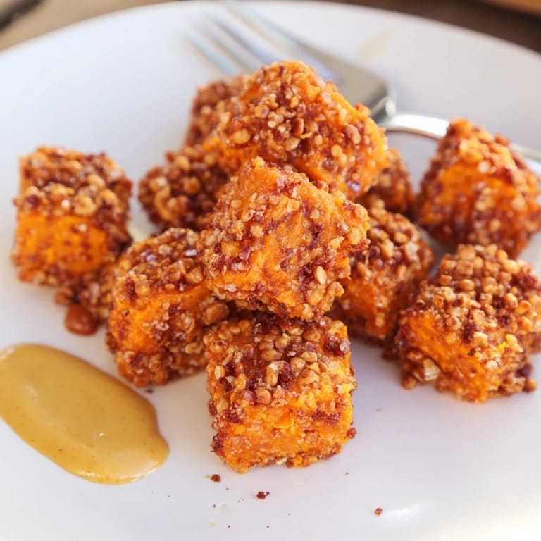 Warm Sweet Potato Pretzel Crusted Bites served with dipping sauce for added flavor.