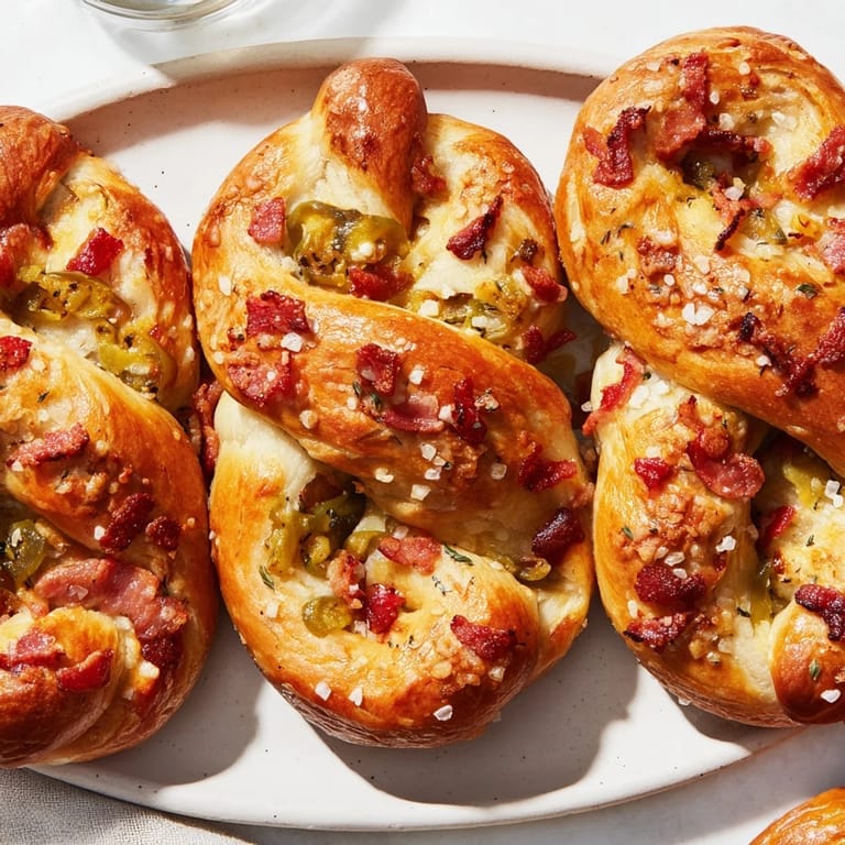 Freshly baked Spicy Pickle Bacon Pretzel Twists, bursting with crispy bacon and tangy flavor.