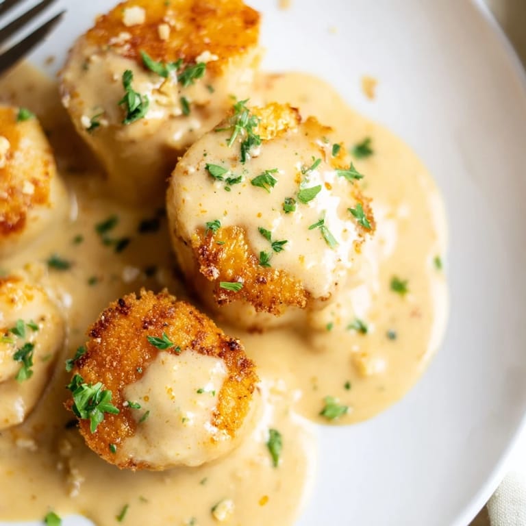Decadent seared scallops drizzled with rich Cajun cream sauce, ideal for special occasions.  