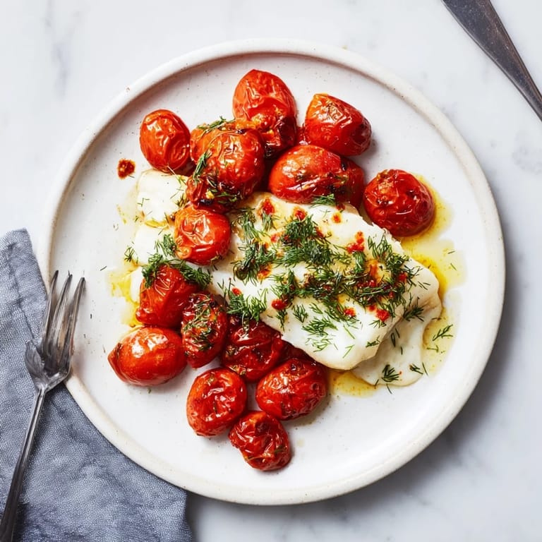 Succulent grilled cod fillets topped with vibrant roasted tomatoes and creamy dill sauce.  