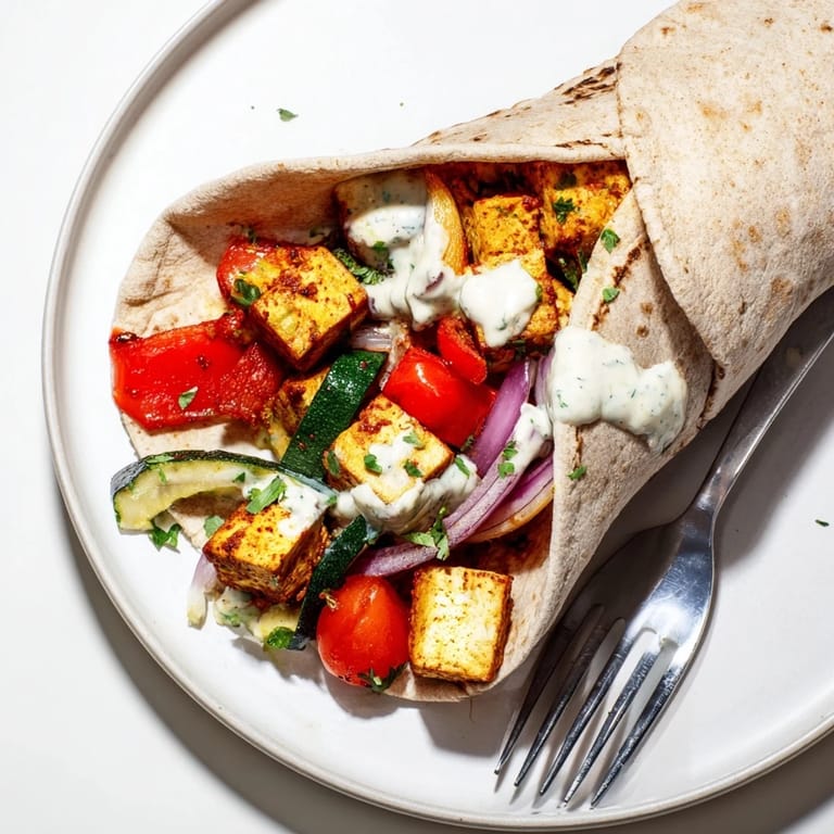 Savory vegan dish showcasing roasted veggies and creamy plant-based yogurt drizzle.